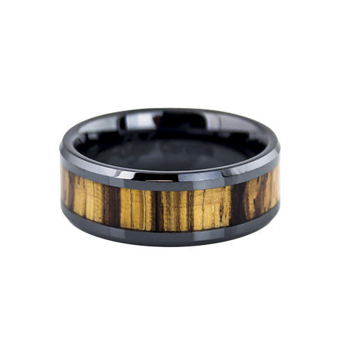Lena Style men's black ceramic ring with wood inlay