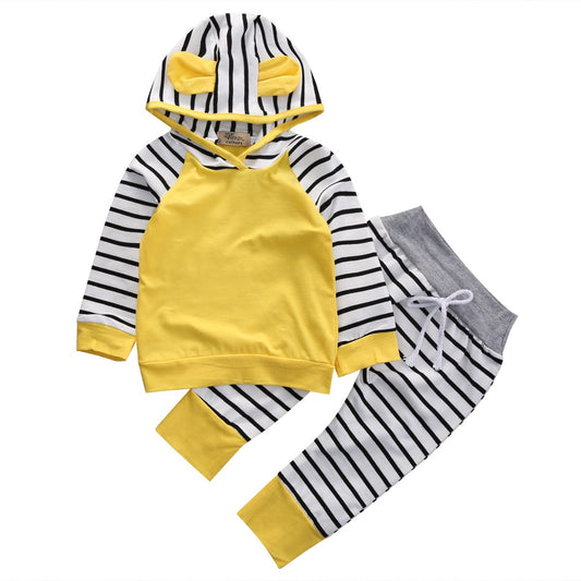 Yellow and Striped Long Sleeve Hoodie Set (B41)