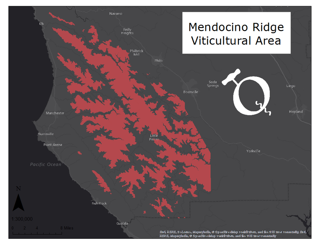 Map of the Mendocino Ridge viticultural area