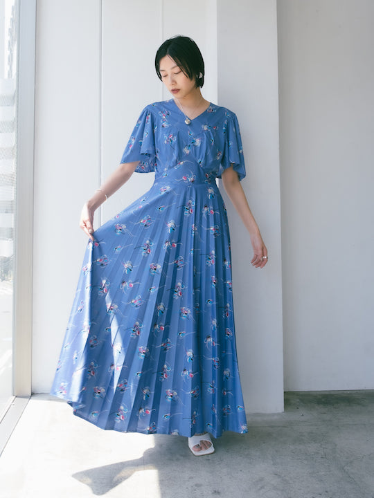 70s Polyester Blue Pleats Dress