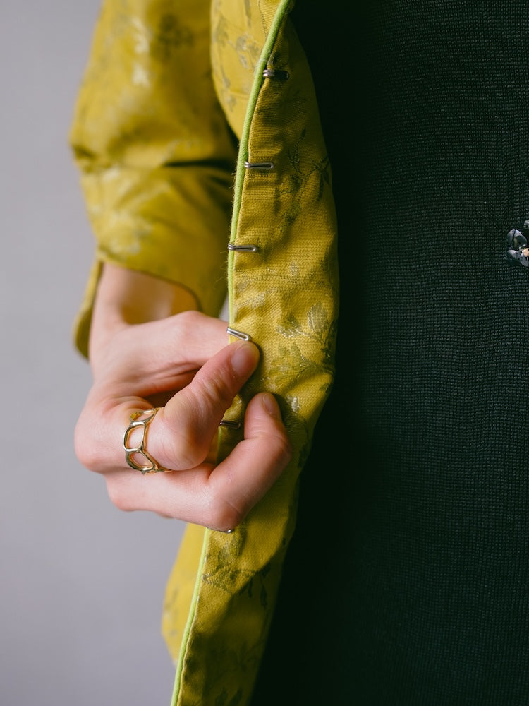 Collarless Yellow Jacquard Jacket