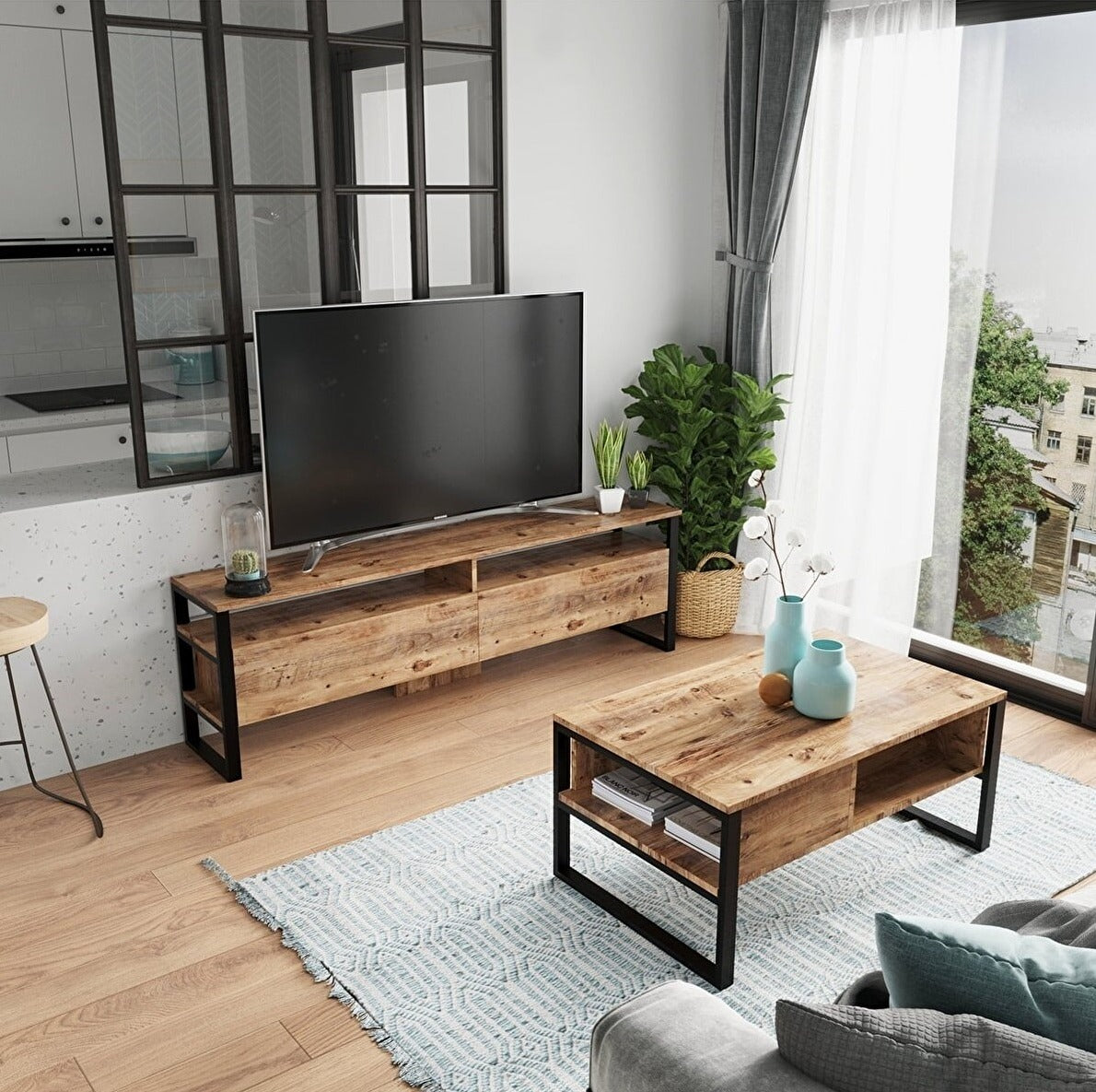 Kinematica Charmant Oriënteren Industrieel tv meubel met salontafel Vardo set 2-delig mangohout look
