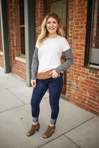 Neutral Color Block Sweater Outfit