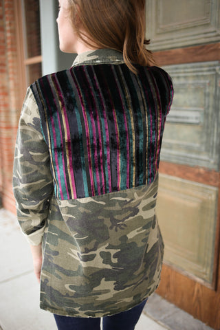 Pink, blue, and purple velvet back panel of the camo shirt jacket