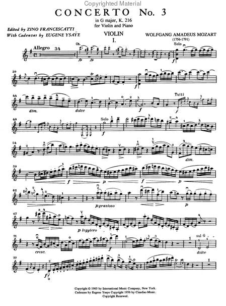 fyrværkeri Rodet Græder Mozart - Violin Concerto No. 3 in G Major K 216 - ed. Zino Francescatt –  Coulsons Sheet Music