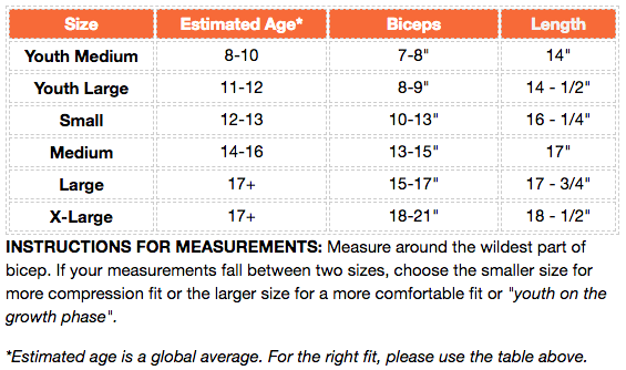 Dux sports compression arm sleeve size chart