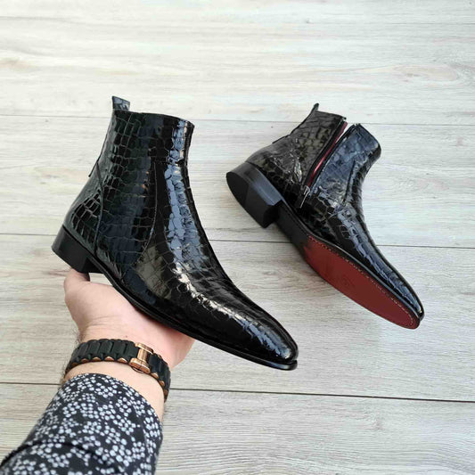 Raphael Black Men's Chelsea Croco Patent Leather Boots | Red Sole