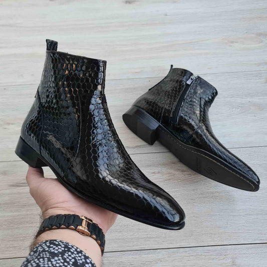 Raphael Black Men's Chelsea Honeycomb Patent Leather Boots