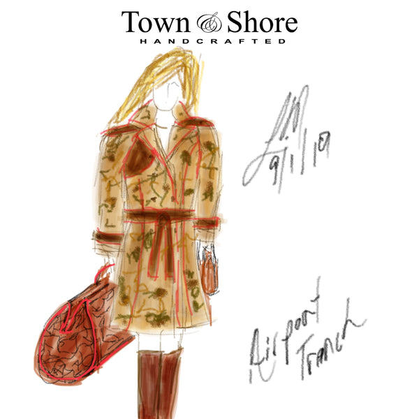 Town & Shore Handcrafted Fortunal Trench Coat and Travel bag sketch, Designer/Maker Liv McClintock