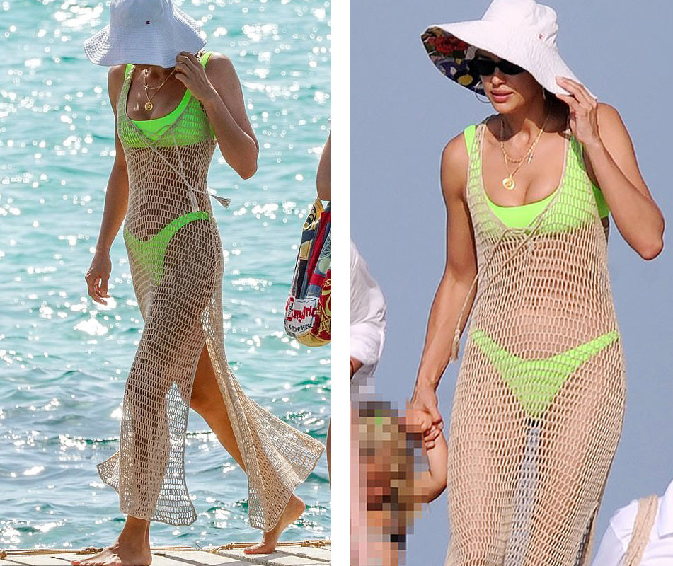 Irina Shayk in Anna Kosturova handmade crochet dress vacationing with her daughter in Ibiza