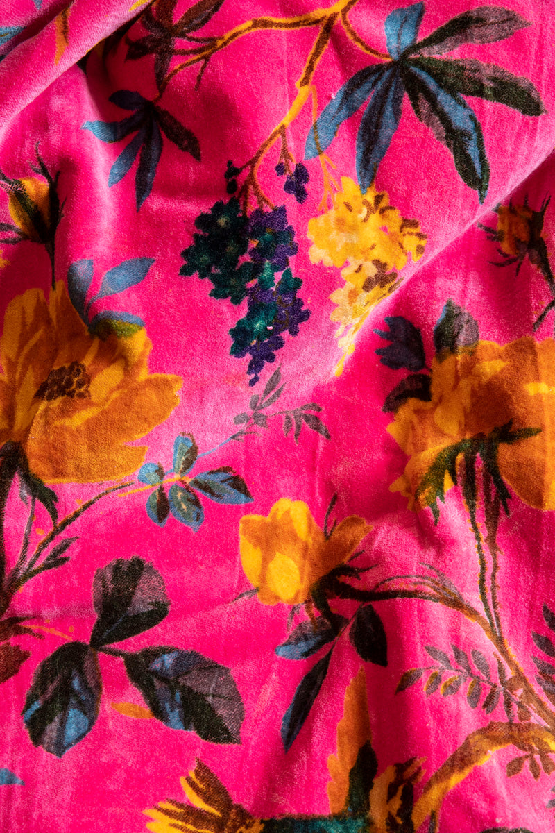 Pink Floral Bird Velvet Upholstery Fabric - Handicraft Palace