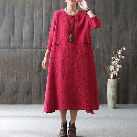 A-line Long Sleeve Cotton Loose Retro Dress