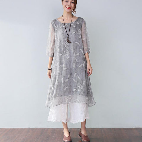 Stylish Printing Lining Elbow Sleeves Gray Dress