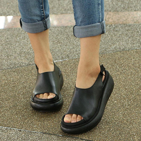 Summer Casual Cow Leather Shoes Black Wedge Heel Sandals