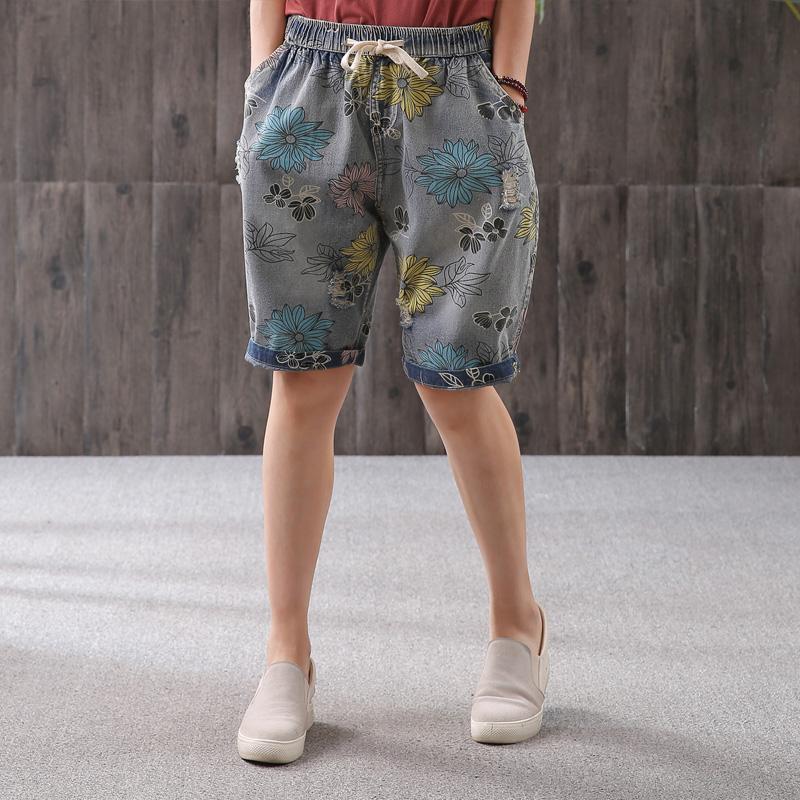 Summer Floral Printed Hole Loose Jeans