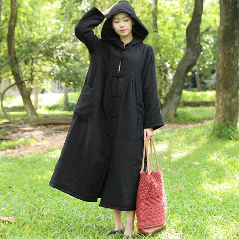 Hooded Long Sleeve Winter Single Breasted Black Women Long Coat