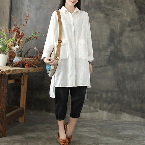 Long Large Pocket Solid Cotton Linen Female Shirt