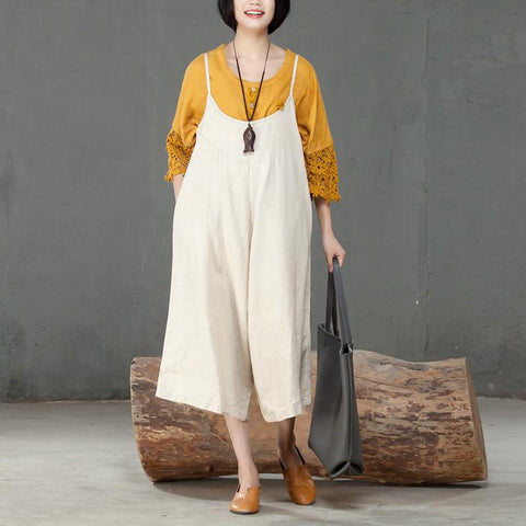 Loose Linen Women Casual Beige Calf Length Jumpsuit