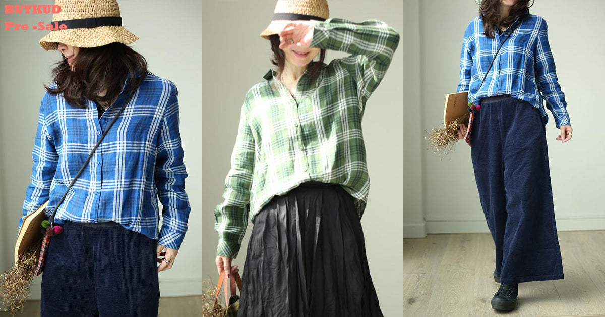 Plus Size Women Plaid Casual Linen Green Shirt