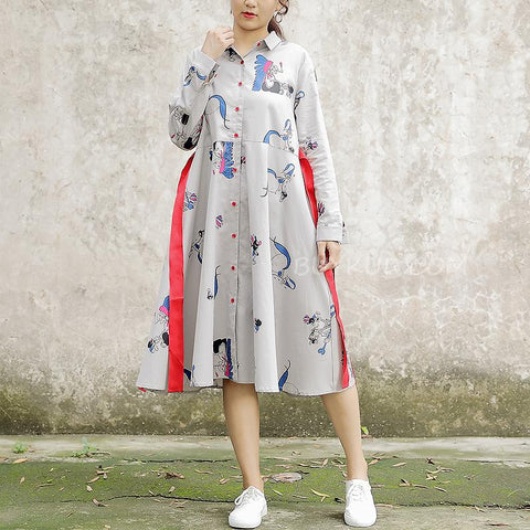 Polo Collar Long Sleeve Cartoon Printed Cotton Dress