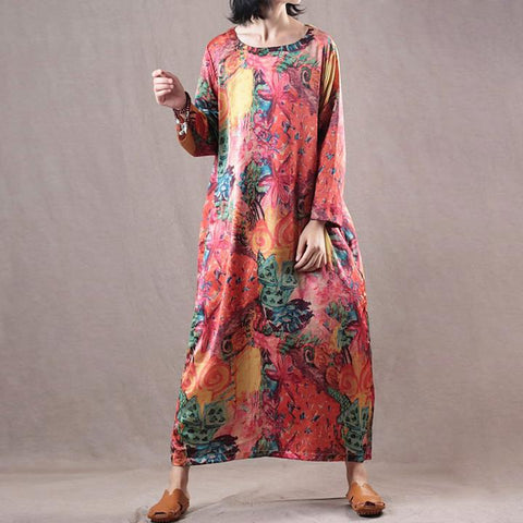 Retro Long Sleeve Loose Print Orange Dress