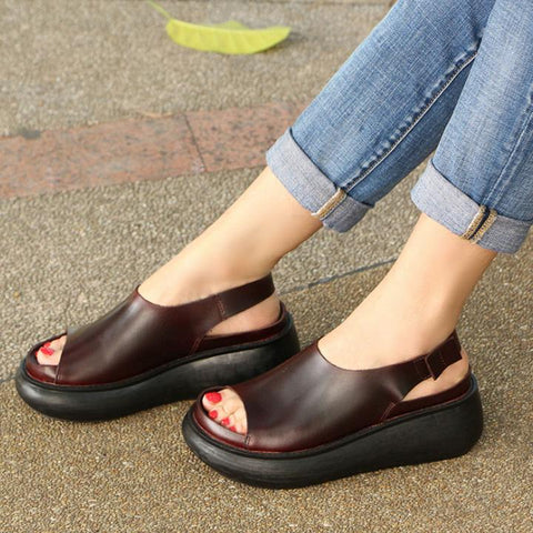 Summer Casual Cow Leather Shoes Coffee Wedge Heel Sandals