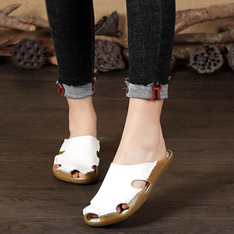 Summer Women Portable Leather White Flat Sandals