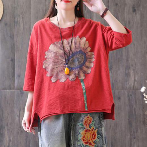 Three Quarter Sleeve Loose Sunflower Printed Red Tops
