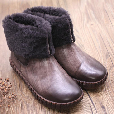 Winter Women Cowhide Velvet Flat Heel Boots