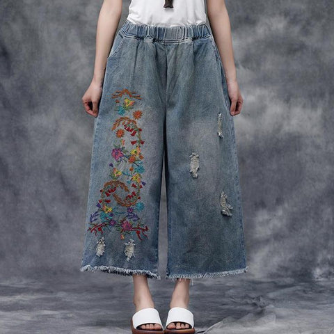 Women Summer Casual Pockets Embroidered Pants