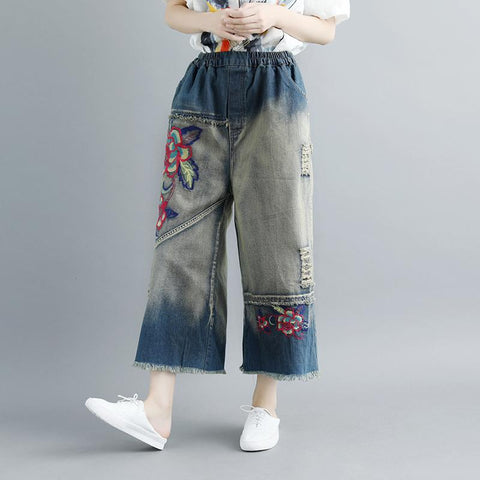 Women Summer Casual Pockets Hole Flower Embroidery Wide Leg Pants