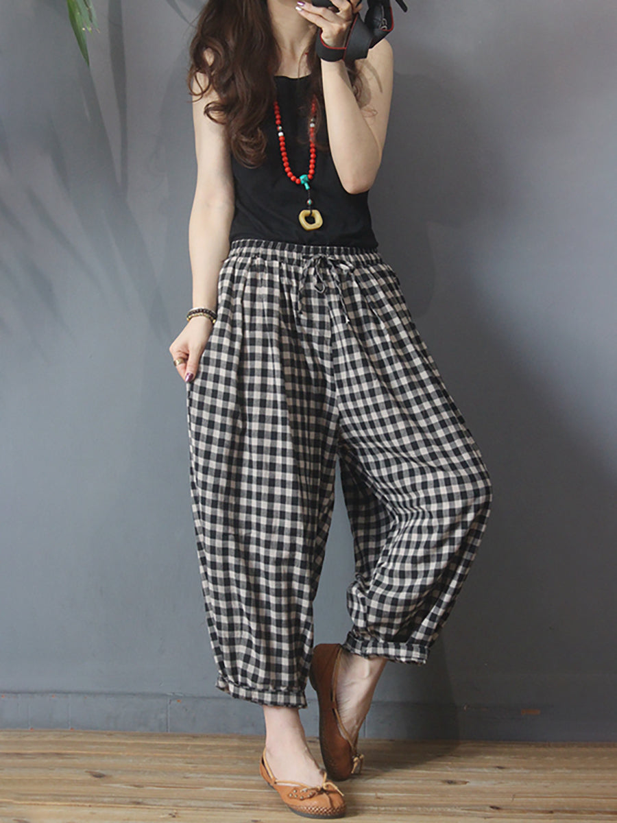 Plus Size - Summer Plaid Drawstring Cotton Linen Harem Pants