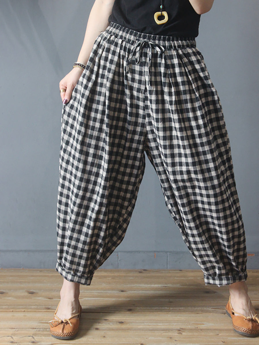 Plus Size - Summer Plaid Drawstring Cotton Linen Harem Pants