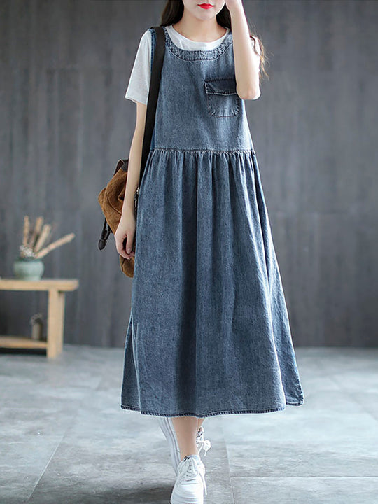Plus Size - Denim Pleated Long Sleeveless Pinafore Dress