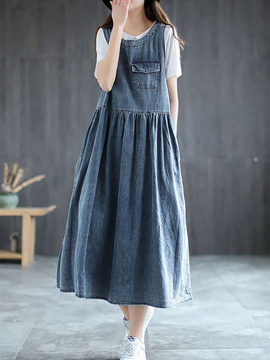 Plus Size - Denim Pleated Long Sleeveless Pinafore Dress
