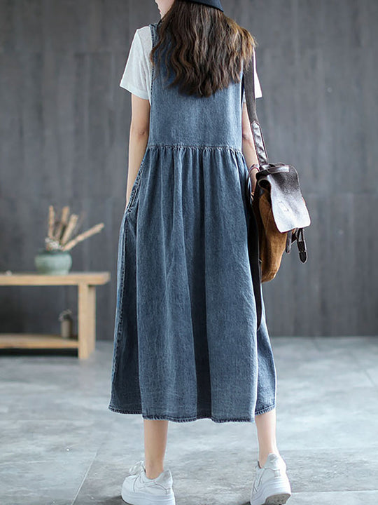 Plus Size - Denim Pleated Long Sleeveless Pinafore Dress