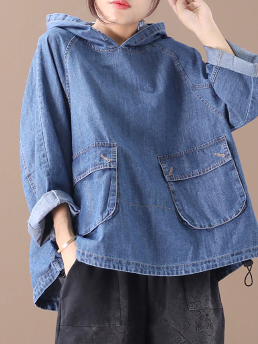 Plus Size - Loose Solid Color Drawstring Denim Hoodie