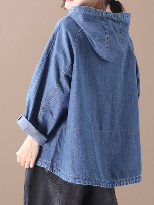 Plus Size - Loose Solid Color Drawstring Denim Hoodie