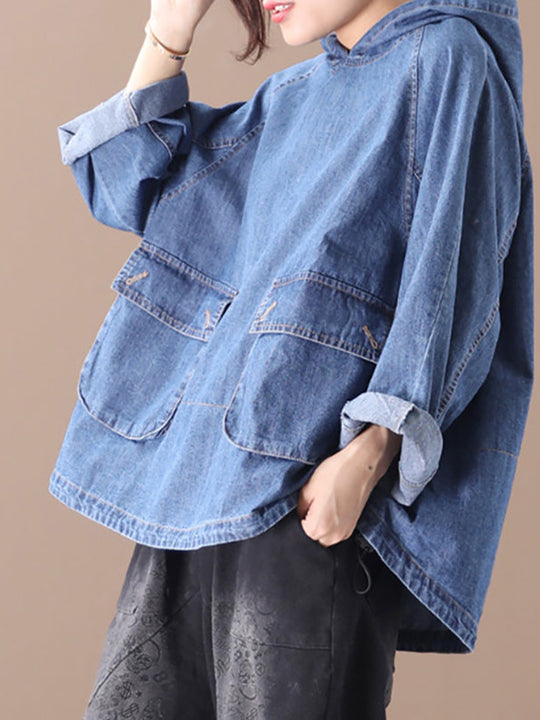 Plus Size - Loose Solid Color Drawstring Denim Hoodie