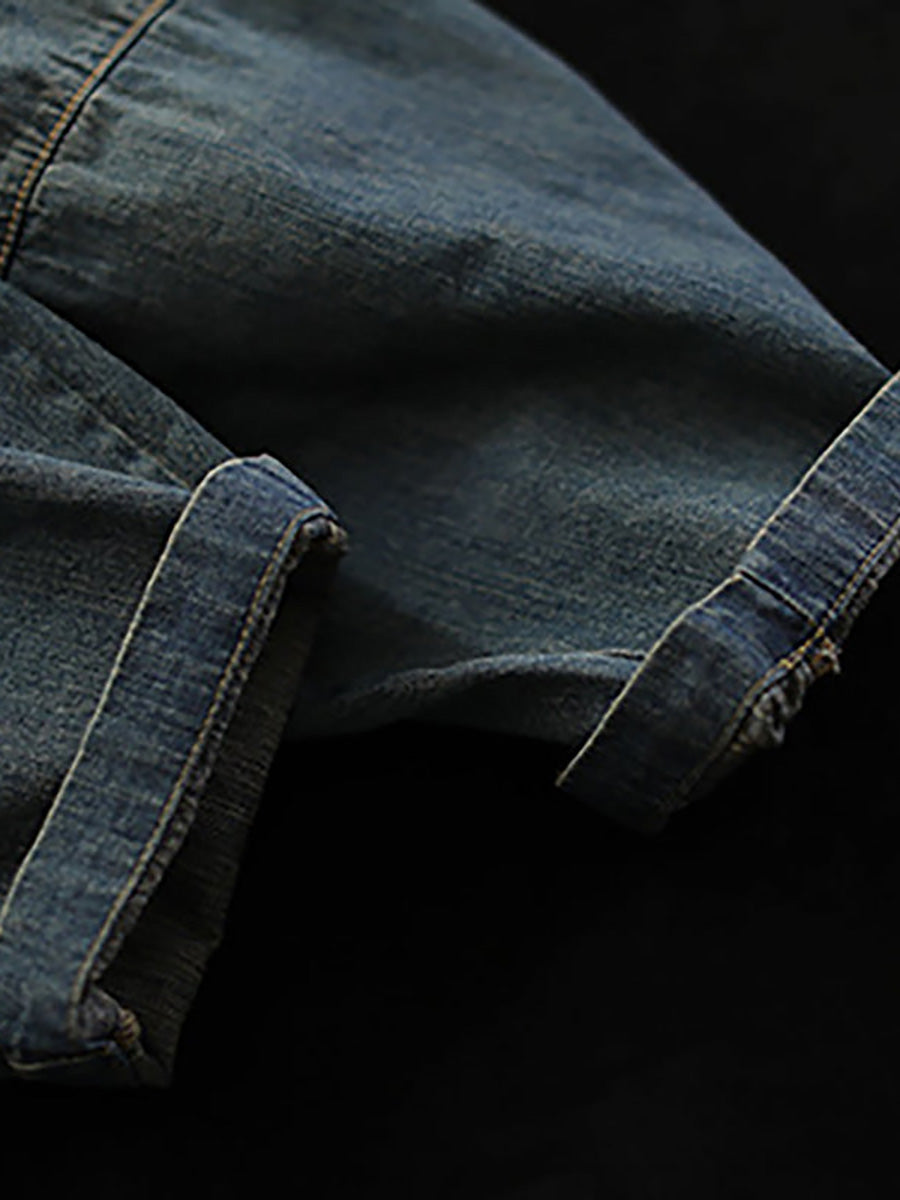 Plus Size Vintage Loose Elastic Waist Spliced Distressed Jeans