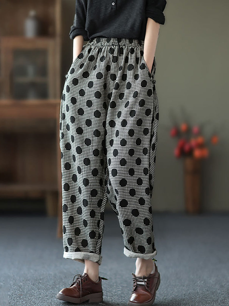 Plus size - Women Retro Pocket Cotton Linen Casual Dots Harem Pants