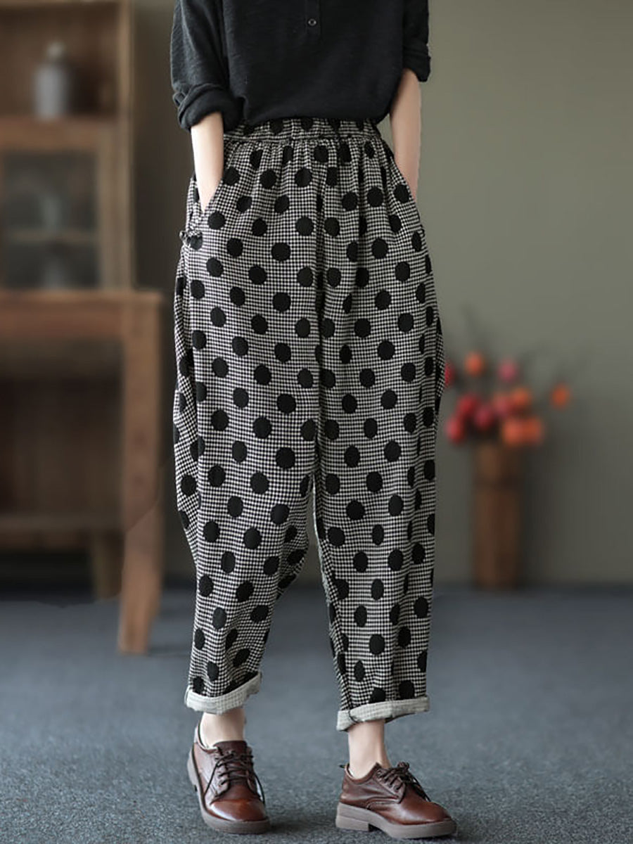 Plus size - Women Retro Pocket Cotton Linen Casual Dots Harem Pants