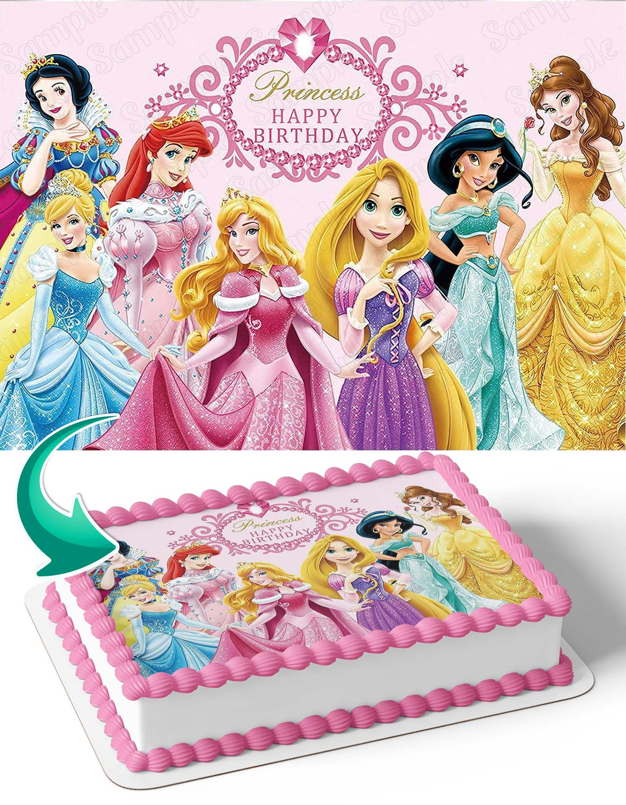 Happy Birthday Princess Cinderella Aurora Jasmine Tiana Rapunzel Edible