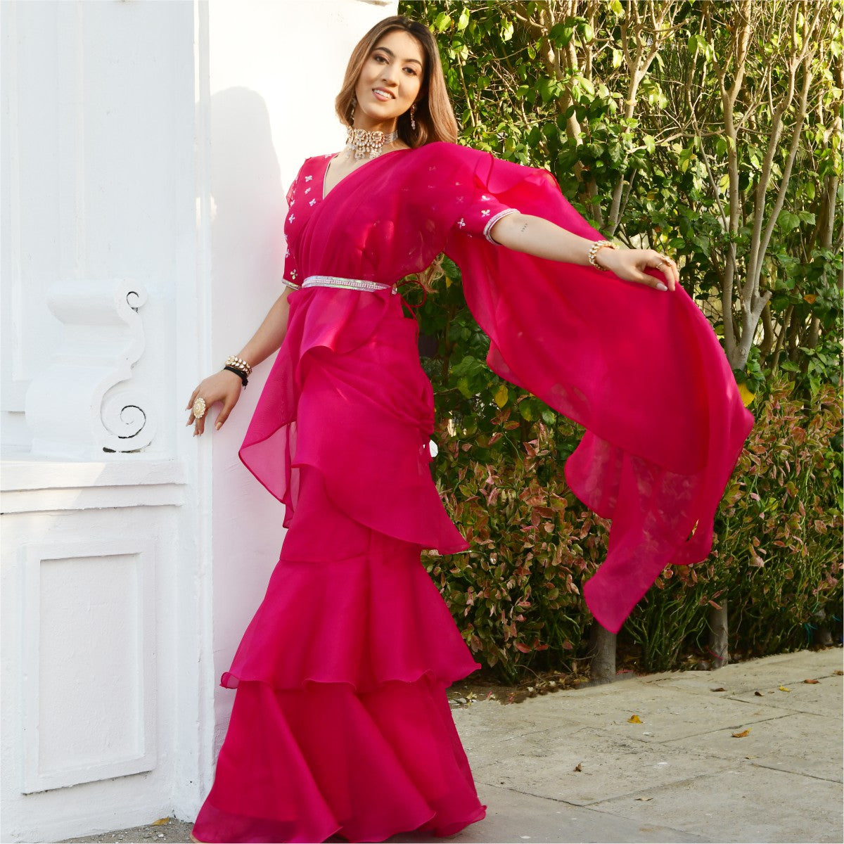 Pink Organza Ruffle Saree