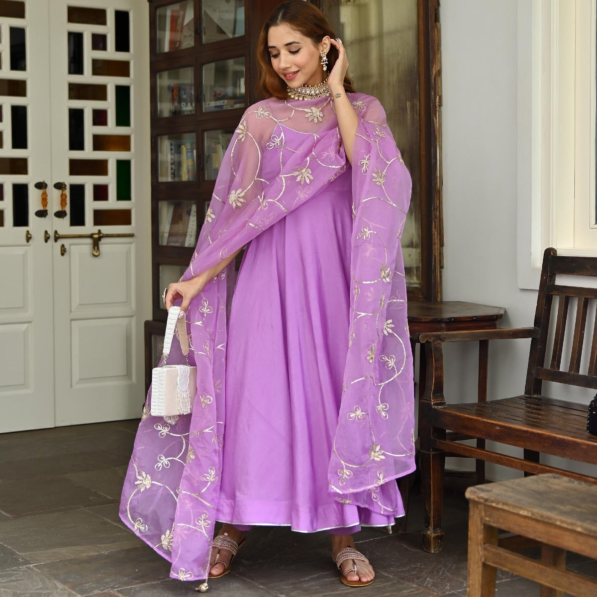 Purple Silk Anarkali Set 