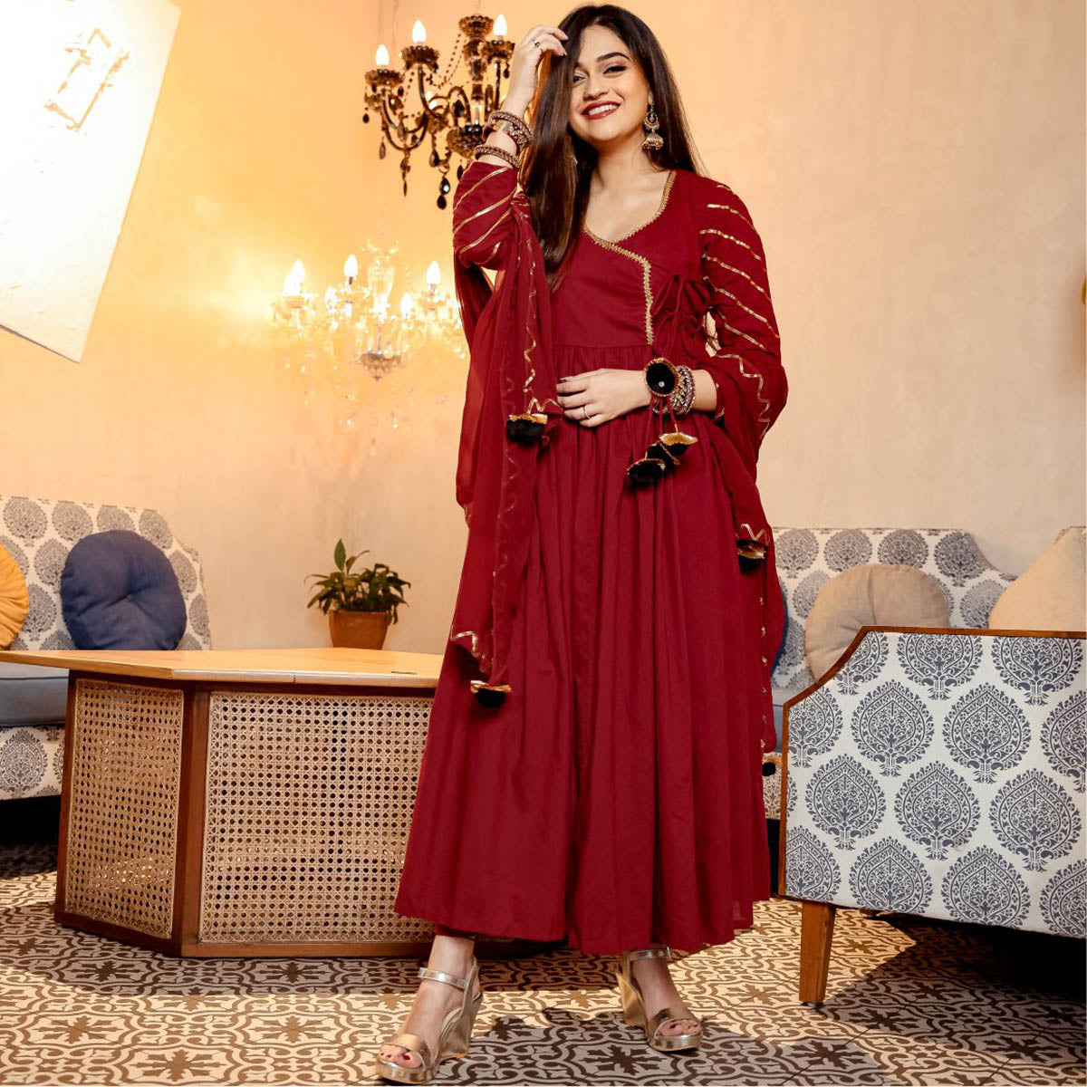 Maroon Pant Style Anarkali Suit Set