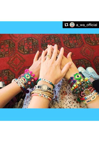 A-WA girls wearing Dana Levy Jewellery and Enamel Evil Eye Charm Pompom Maxi Friendship Bracelet