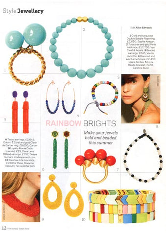 The Sunday Times Style Magazine Featuring Dana Levy Loyalty Morse Code Blessing Glass Bead Bracelet.