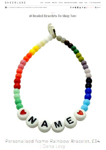 Sheerluxe.com featuring Dana Levy's Personalised Name Alphabet Rainbow Glass Bead Bracelet.