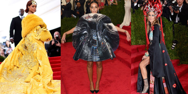 Rihanna in long yellow gown, Solange in circular dress, Sarah Jessica Parker in long black dress with elaborate headpiece.